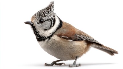 A European crested tit with distinctive head feathers, sitting upright in the center of a white background, soft feather texture, studio-lit, high-detail, photorealistic