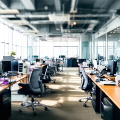 Blurry office space with computer desks and chairs in the background, subtly out of focus.