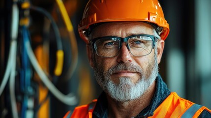 confident mature male engineer or technician wearing safety helmet and glasses in industrial setting