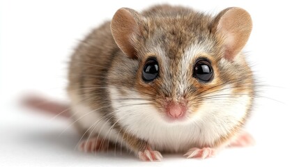 A European dormouse with large eyes, sitting centrally on a white background, detailed whiskers and fur, studio-lit, photorealistic image