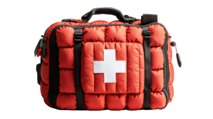 Bright red first aid kit with a white cross symbol ready for emergencies and medical situations isolated.