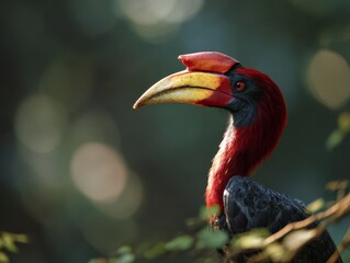 Naklejka premium The Red-necked Hornbill Aceros nipalensis is a beautiful bird native to the forests