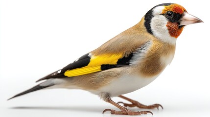 Fototapeta premium A European goldfinch with vibrant plumage, sitting attentively in the center, isolated on a white background, studio lighting, realistic detail