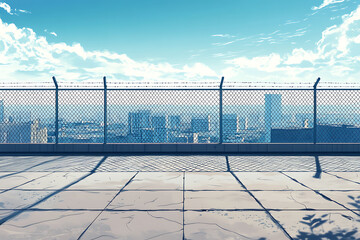 Anime School Rooftop with City Background