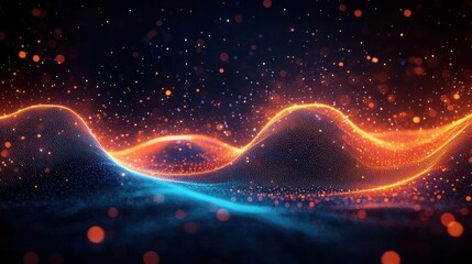 Abstract glowing waves of blue and orange light particles forming smooth undulating shapes with a dark background and sparkling effects