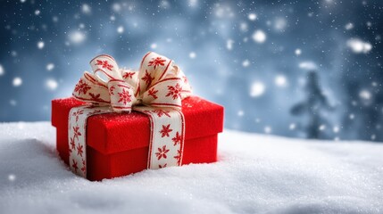 Red gift box with a shiny bow on top, isolated on white background, studio lighting, product shot.
