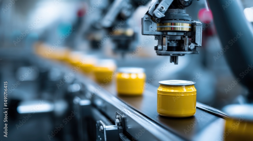 Poster automated canning process with robotic arm on assembly line in a factory close up industrial manufac