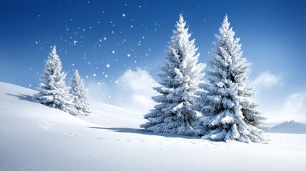 Fototapeta premium Snow-covered trees under a clear blue sky in a bright winter landscape during daytime.