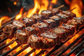 Juicy beef skewers grilling over open flame with glowing orange fire in background creating a warm and appetizing scene