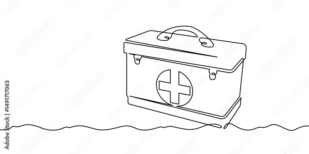 Poster continuous one line drawing medical bag. bag with a cross. doctor's bag. one continuous line isolate