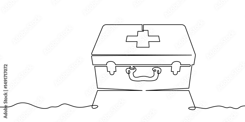 Poster continuous one line drawing medical bag. bag with a cross. doctor's bag. one continuous line isolate