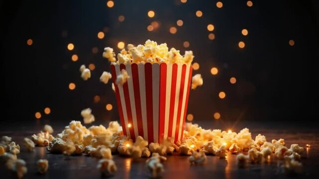 Popcorn overflowing from striped bucket with bokeh background  