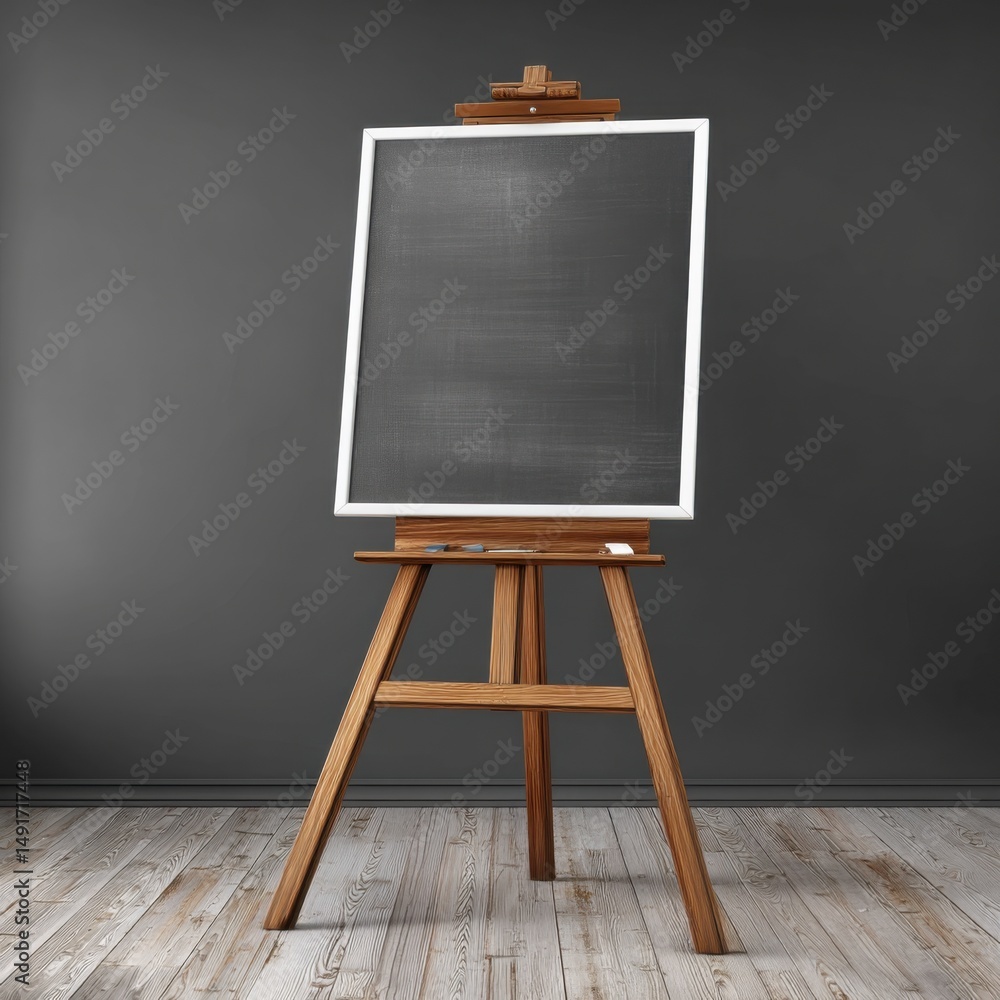 Poster chalkboard on wooden easel in gray room studio shot blank slate for message or art display front vie