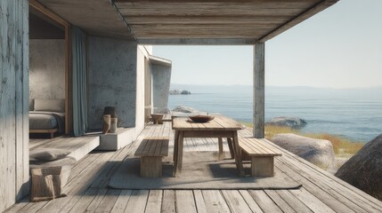 Obraz premium Coastal Haven Seaside Dining with Modern Home, and Ocean View Relax.