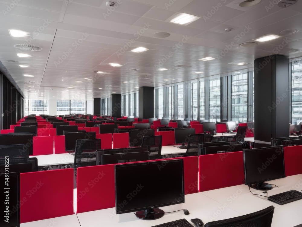 Aufkleber wide angle of modern open office space with rows of computers and red dividers in london, uk; bright