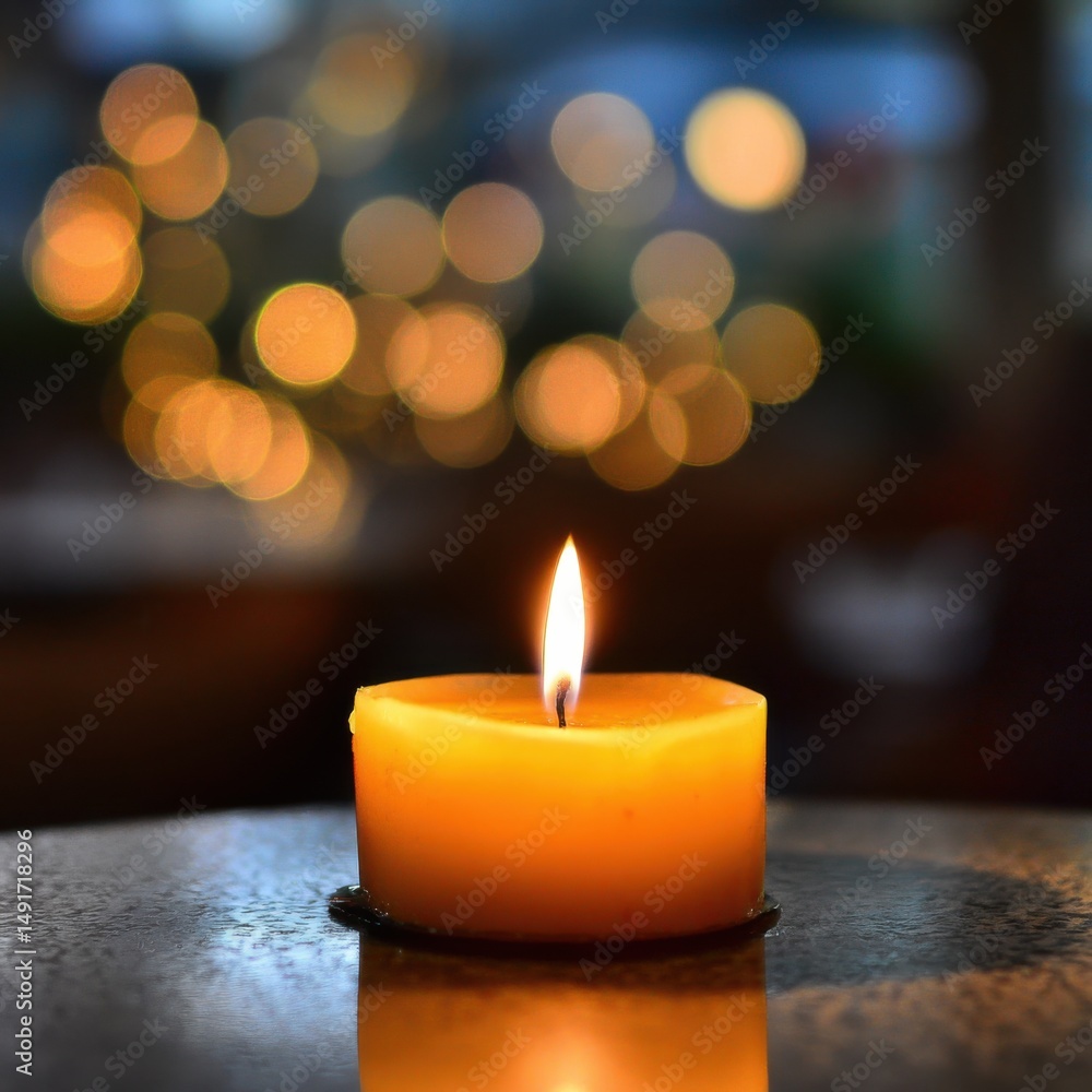 Aufkleber warm candlelight illuminating a table in a dark room with bokeh lights in the background close up vi