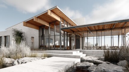 Modern Estate Luxury home exterior with pond view with architectural design.