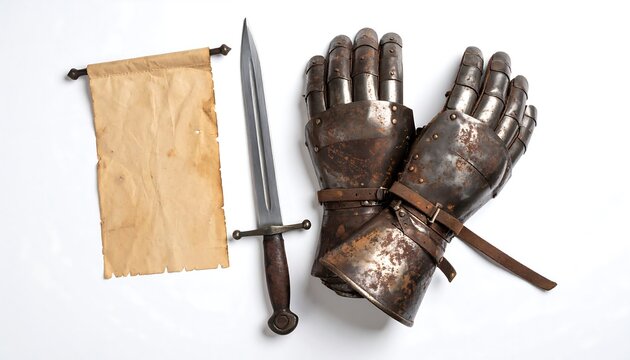 Historical armor elements including a dagger scroll and gauntlets on a white background