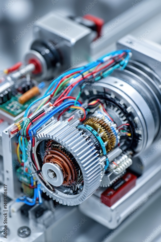 Poster intricate machine gears and wiring system close up shot engineering precision technology detail