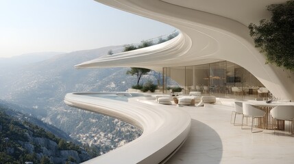 Fototapeta premium Modern villa with mountain view Luxury home design with scenic landscape.