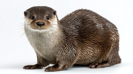 A European otter with sleek wet fur, sitting in the center, white background, high-resolution, detailed fur patterns, studio lighting