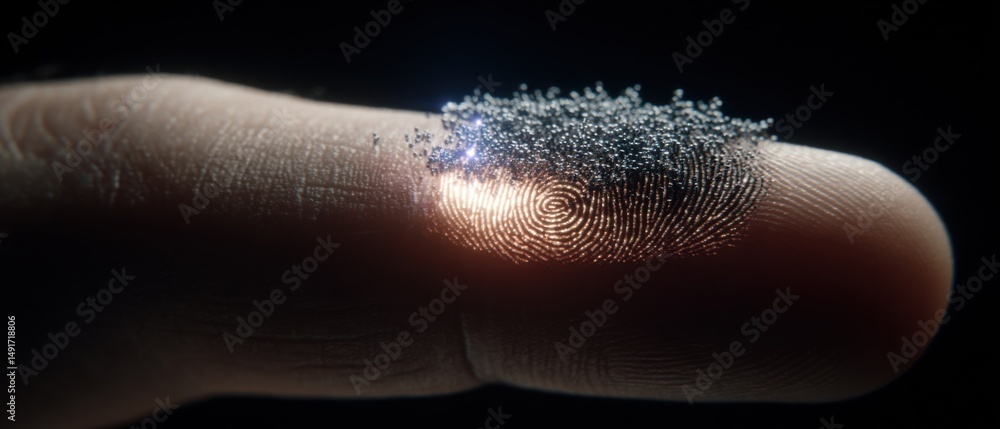Poster fingerprint analysis revealing identity with particles in dark studio shot security identification a