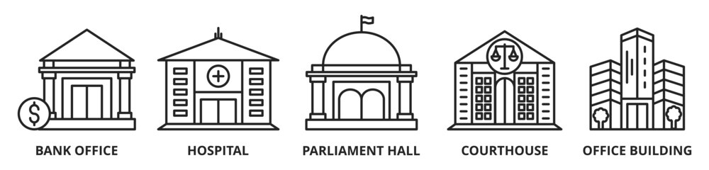 Fototapeta premium Smart city concept banner icon contain of bank office, hospital, parliament hall, courthouse and office building 