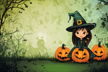 Whimsical Halloween Scene with a Young Witch Surrounded by Carved Pumpkins in a Spooky Forest