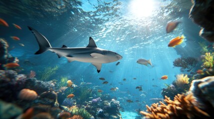 Fototapeta premium Shark swimming in vibrant coral reef underwater marine life and ocean environment