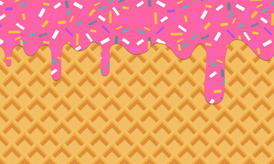 Melting ice cream with colorful candy sprinkles on wafer background. Waffle cone with dripping pink dessert texture. Minimal flat design for template banner, poster, label, Vector illustration