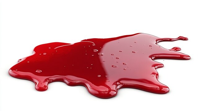 A vivid red liquid spilled, forming an irregular puddle with glossy surface and small air bubbles