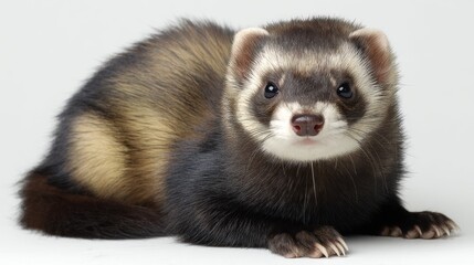 Fototapeta premium A European polecat with dark mask-like facial markings, sitting in the center of the frame, white background, sharp detail, natural lighting, high-resolution photography