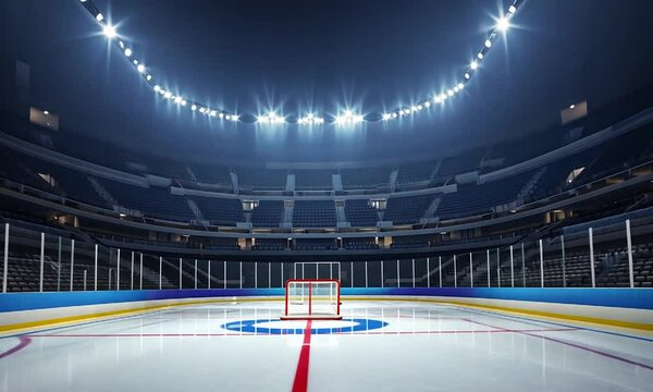 A vast ice hockey arena with bright lights and empty stands, showcasing a central goal