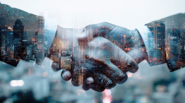 Business Partnership and Cooperation Concept with a Double Exposure of Hands Shaking and a City Skyline at Dusk for Financial Growth and Development