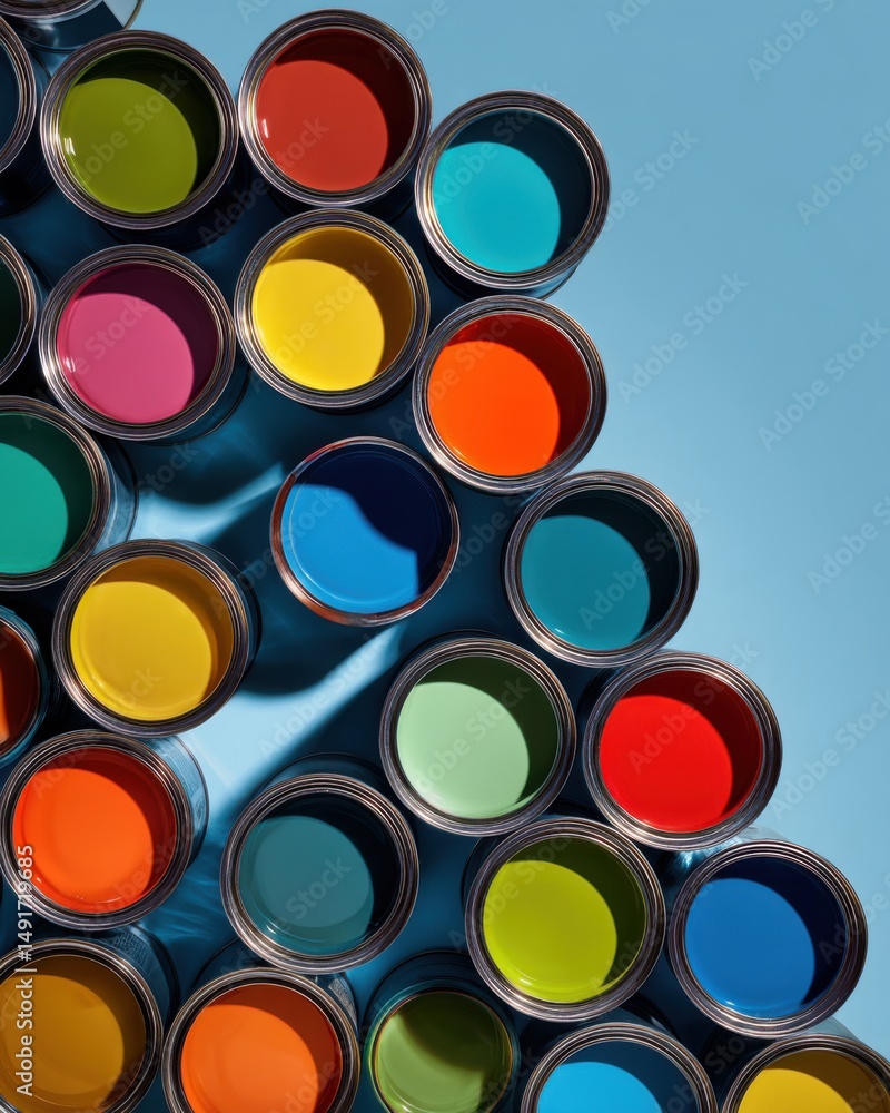 Poster overhead close-up of colorful paint cans arranged on a blue surface casting shadows in a studio sett