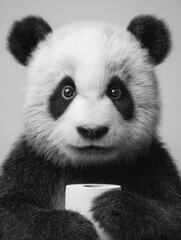 Obraz premium Panda's Pure Innocence: This captivating monochromatic image captures the pure innocence of a panda holding a roll, evoking a sense of gentle curiosity, simplicity and tenderness. Ai image