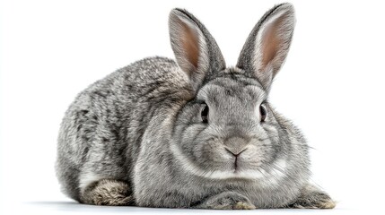 Obraz premium A European rabbit with soft gray fur, sitting calmly in the center, white background, sharp focus, natural pose, studio-lit, photorealistic