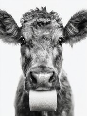 Cow with Toilet Paper: A captivating black and white portrait of a cow playfully holding a roll of toilet paper, showcasing an intriguing juxtaposition of humor and farm life. Ai image