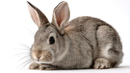 Obraz premium A European rabbit with soft gray fur, sitting calmly in the center, white background, sharp focus, natural pose, studio-lit, photorealistic