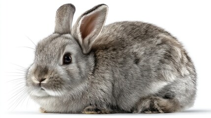 Obraz premium A European rabbit with soft gray fur, sitting calmly in the center, white background, sharp focus, natural pose, studio-lit, photorealistic