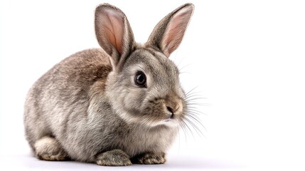 Obraz premium A European rabbit with soft gray fur, sitting calmly in the center, white background, sharp focus, natural pose, studio-lit, photorealistic
