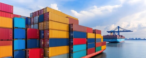Cargo ship at dock with stacked shipping containers for international trade and transportation