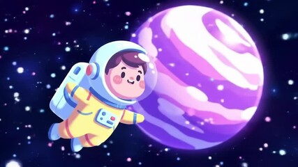 Cute astronaut floats in space, approaching a vibrant purple planet. Childlike wonder and cosmic adventure. - Powered by Adobe