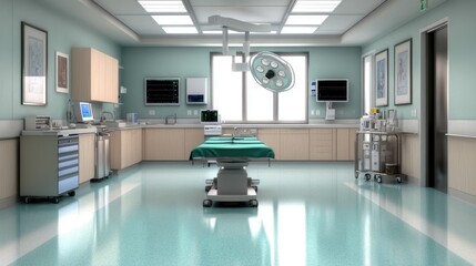 Modern operating room with surgical equipment preparation for procedure