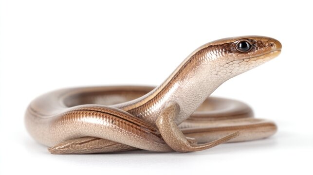 A European slow worm with shiny, legless body, sitting calmly in the center, white background, sharp focus, natural pose, studio-lit, photorealistic
