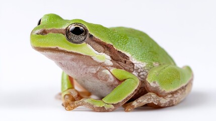Obraz premium A European tree frog with bright green skin, sitting upright in the center of a white background, soft skin texture, studio-lit, high-detail, photorealistic