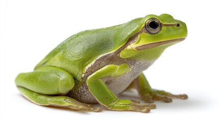 Obraz premium A European tree frog with bright green skin, sitting upright in the center of a white background, soft skin texture, studio-lit, high-detail, photorealistic