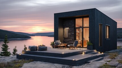 Modern Cabin Retreat Lakeside Living at Sunset with Serene and Stylish.