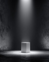 White cube illuminated by spotlight in dark room; studio shot, product placement, minimalist, stage, presentation