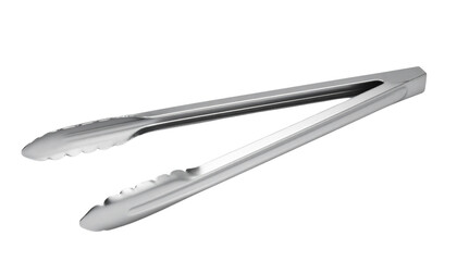 Stainless steel kitchen tongs with scalloped edges used for gripping and serving food.